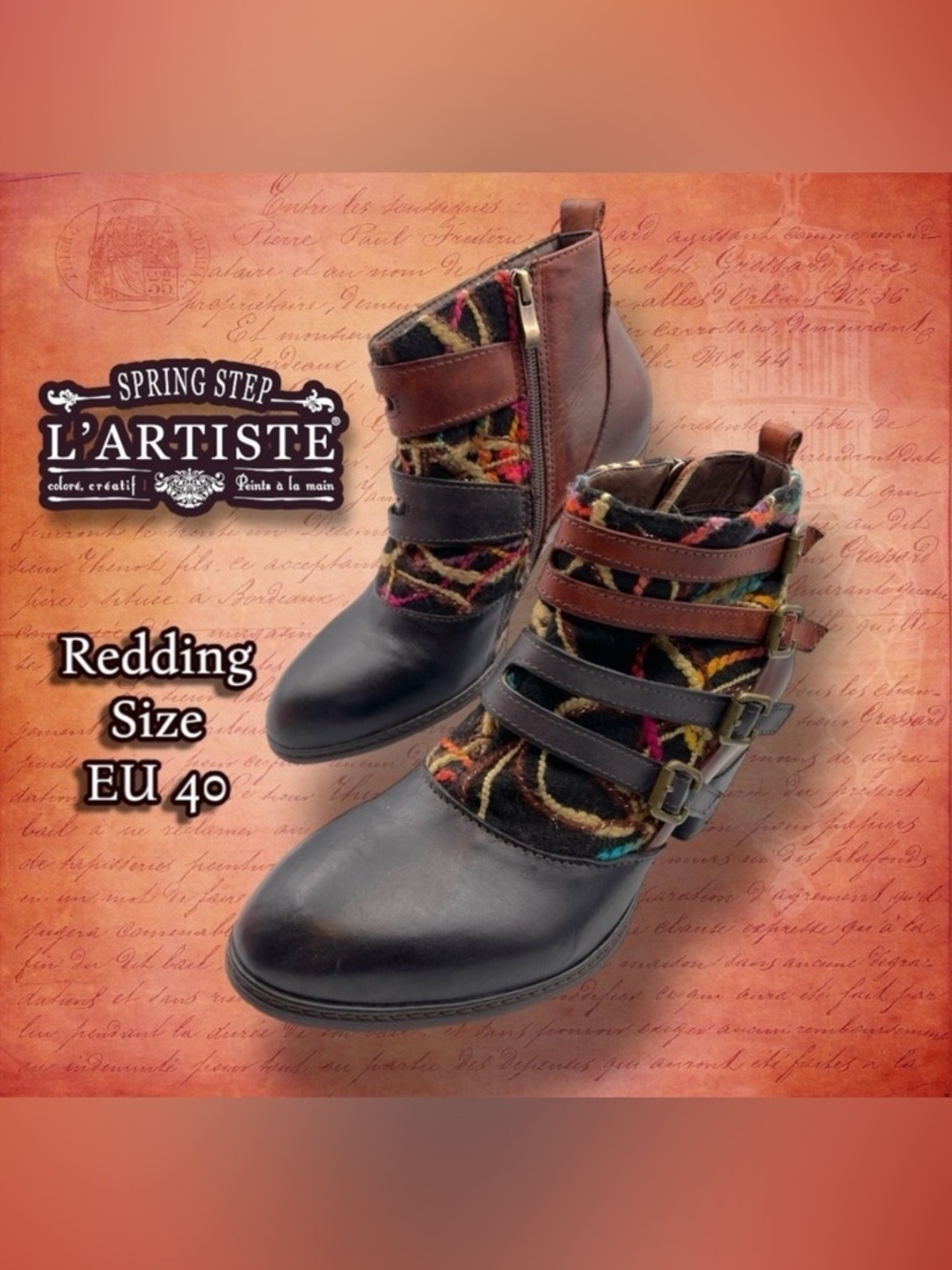 Spring Step L'Artiste Redding Multicolor Ankle Boots Size EU 40 Brown